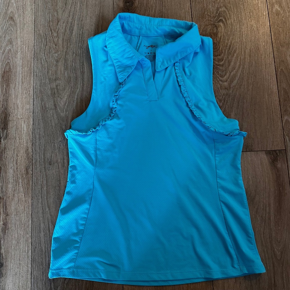 X by Gottex Womens Sleeveless Golf Polo Shirt Blue‎ Ruffle Trim Active Top Small
